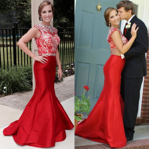 Red Floor Length Taffeta Mermaid Prom Dresses Featuring Beaded Bodice And Sheer Bateau Neckline Long Elegant Party Formal Gowns