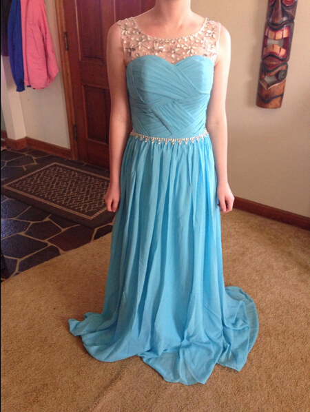 Sky Blue Chiffon Prom Dresses Featuring Beaded Sheer Bateau Neckline And Ruched Bodice Long Elegant Party Formal Gowns