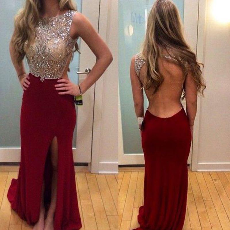Sexy Burgundy Backless Chiffon Prom Dresses Featuring Rhinestones Embellished Bodice And Side Split Long Elegant Party Formal Gowns