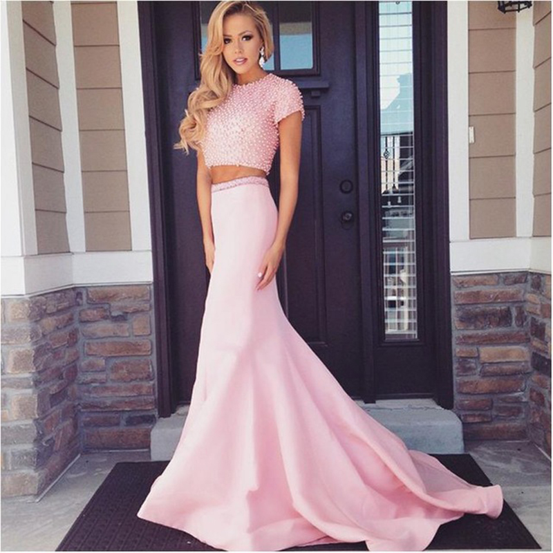 Pink Beaded Satin Two Piece Prom Dresses Featuring Scoop Neckline And Short Sleeve Long Elegant Chapel Train Formal Gowns
