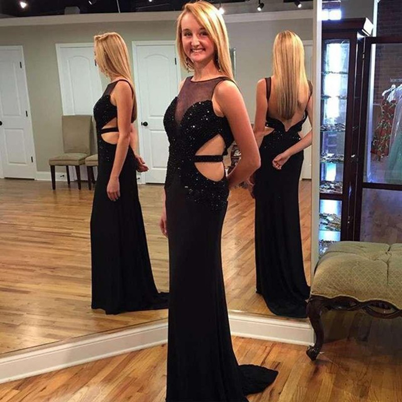 Black Beaded Chiffon Prom Dresses Featuring Sheer Bateau Neckline And Open Back Long Elegant Formal Gowns