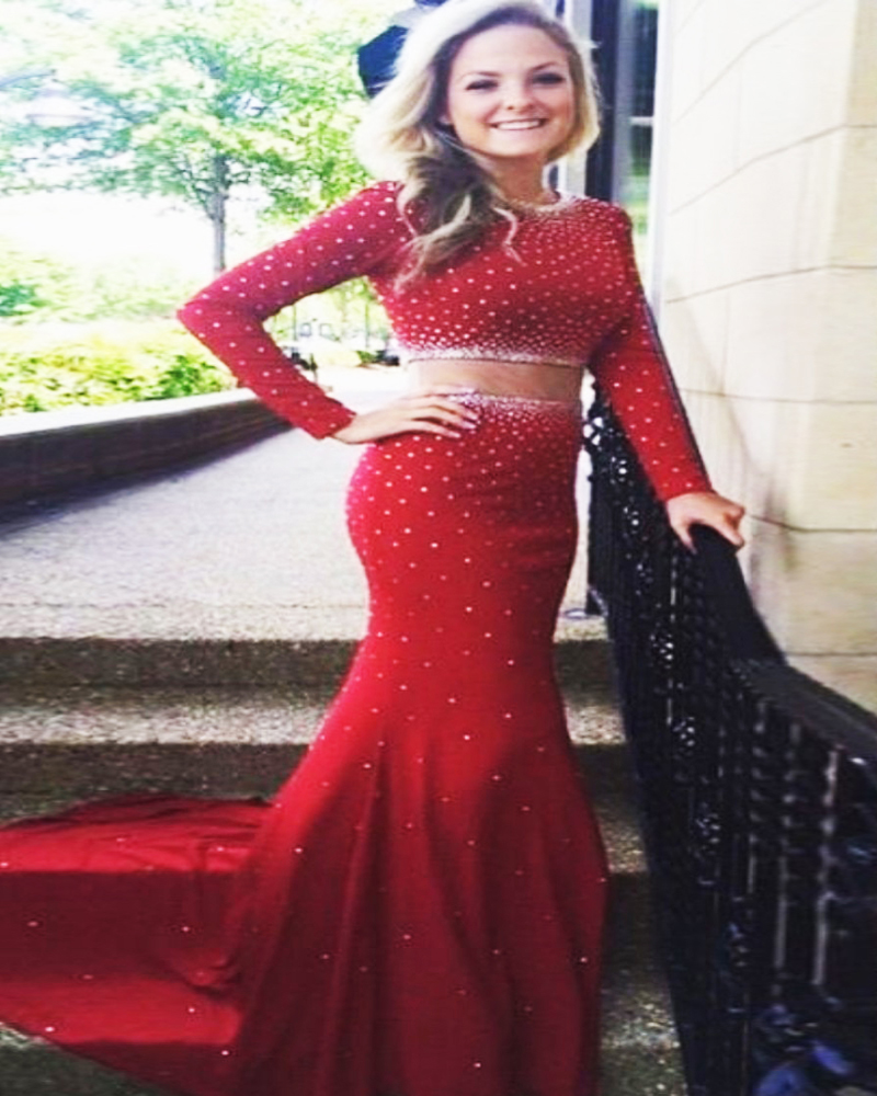 Sexy Red Chiffon Mermaid Prom Dresses Featuring Beaded Long Sleeve Long Elegant Formal Evening Gowns