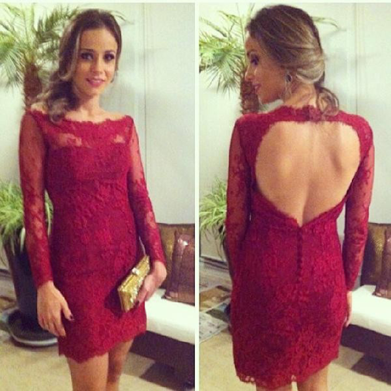 Sexy Short Burgundy Lace Prom Dresses Long Sleeve Backless Formal Evening Gowns 