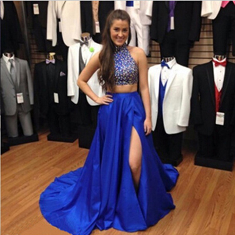 Charming Royal Blue Two Piece Prom Gowns Rhinestones Embellished Taffeta Backless Formal Dresses With Side Split