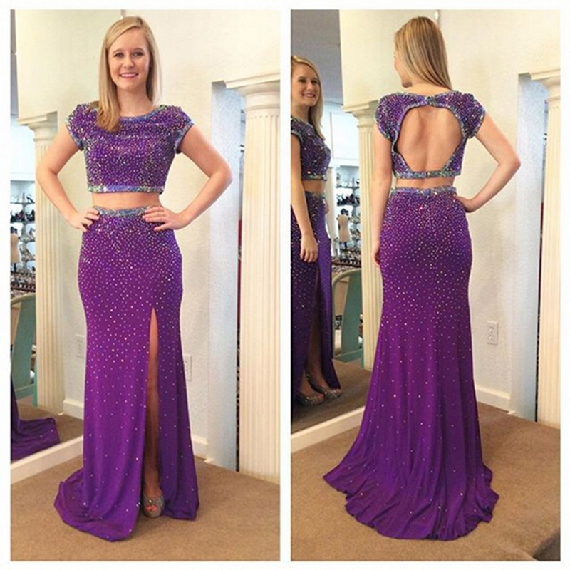 Long Purple Two Piece Prom Dresses Showcases Short Sleeve And Side Split Floor Length Chiffon Backless Formal Dresses