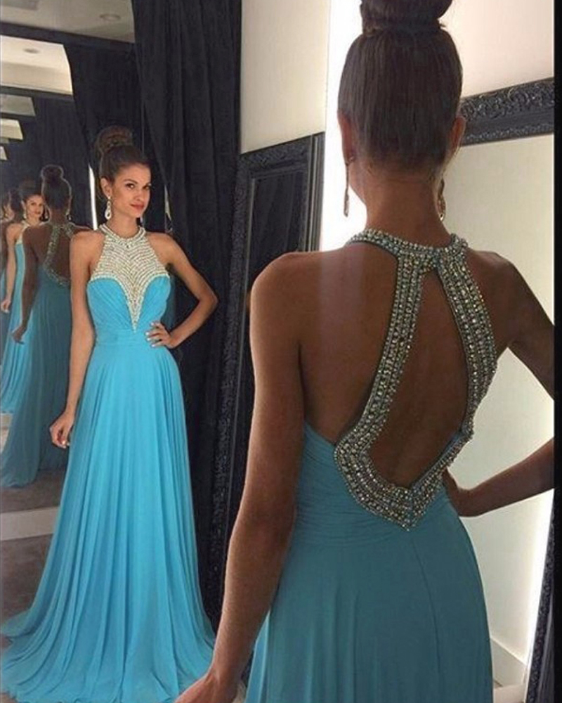Brilliant Chiffon Sky Blue A Line Prom Gowns, Blue Backless Prom Dresses,a Line Prom Dress 2016