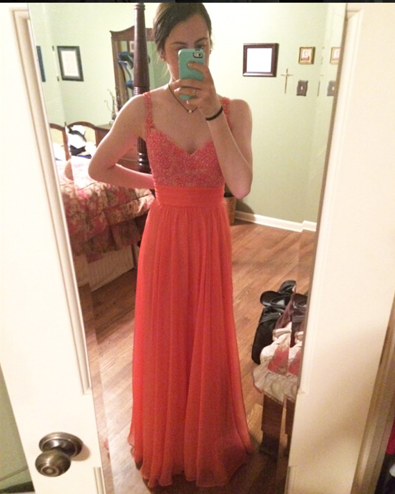 Charming Chiffon Coral A Line Prom Gowns, Coral Spaghetti Straps Prom Dresses,a Line Prom Dress 2016