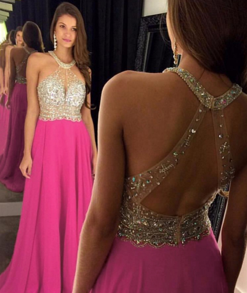 Hot Pink Sequin Sparkly A-line Long Halter Evening Prom Dresses