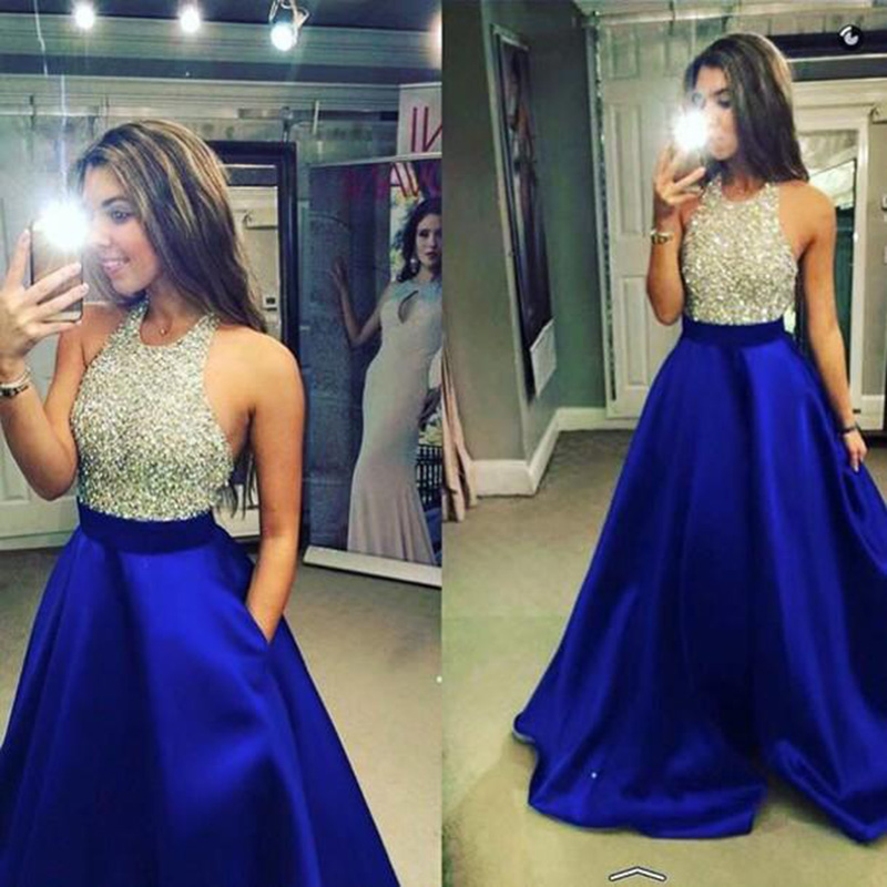Sexy Satin Royal Blue Evening Dresses With Crystal Beads Long Elegant Prom Dress Robe De Soiree Formal Gowns 