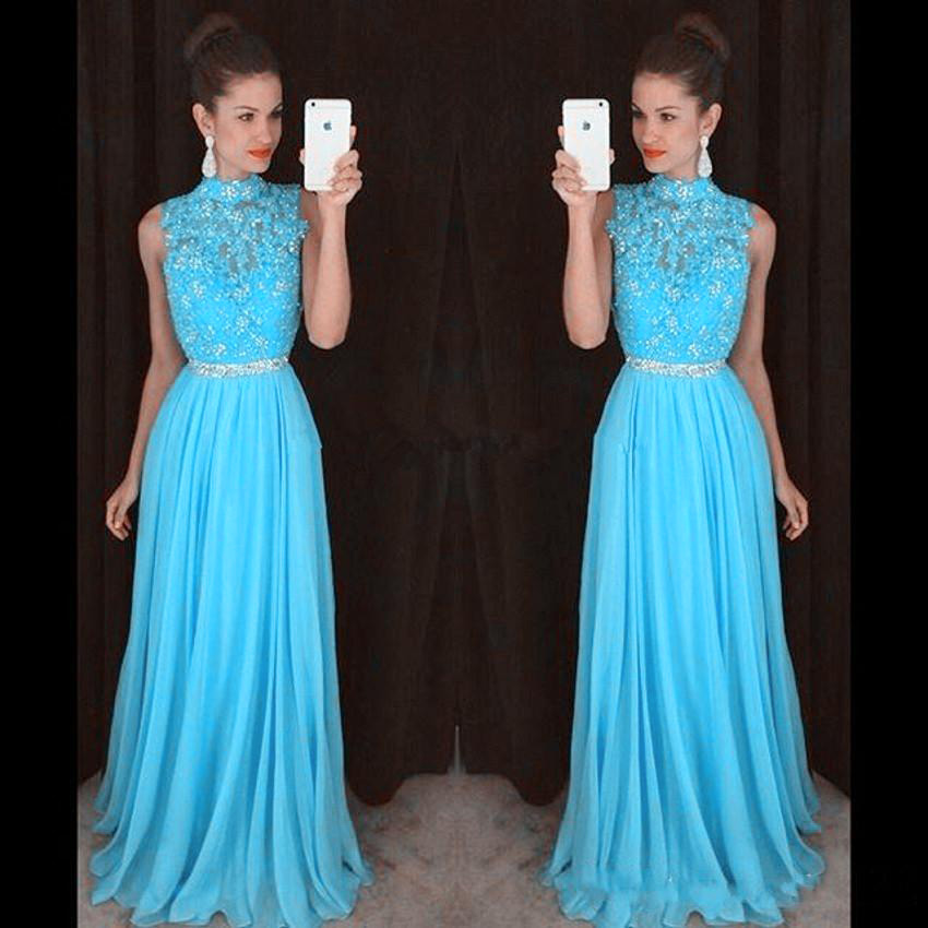 Sexy Chiffon Sky Blue Evening Dresses With Lace Applique Long Elegant Prom Dress Robe De Soiree Formal Gowns