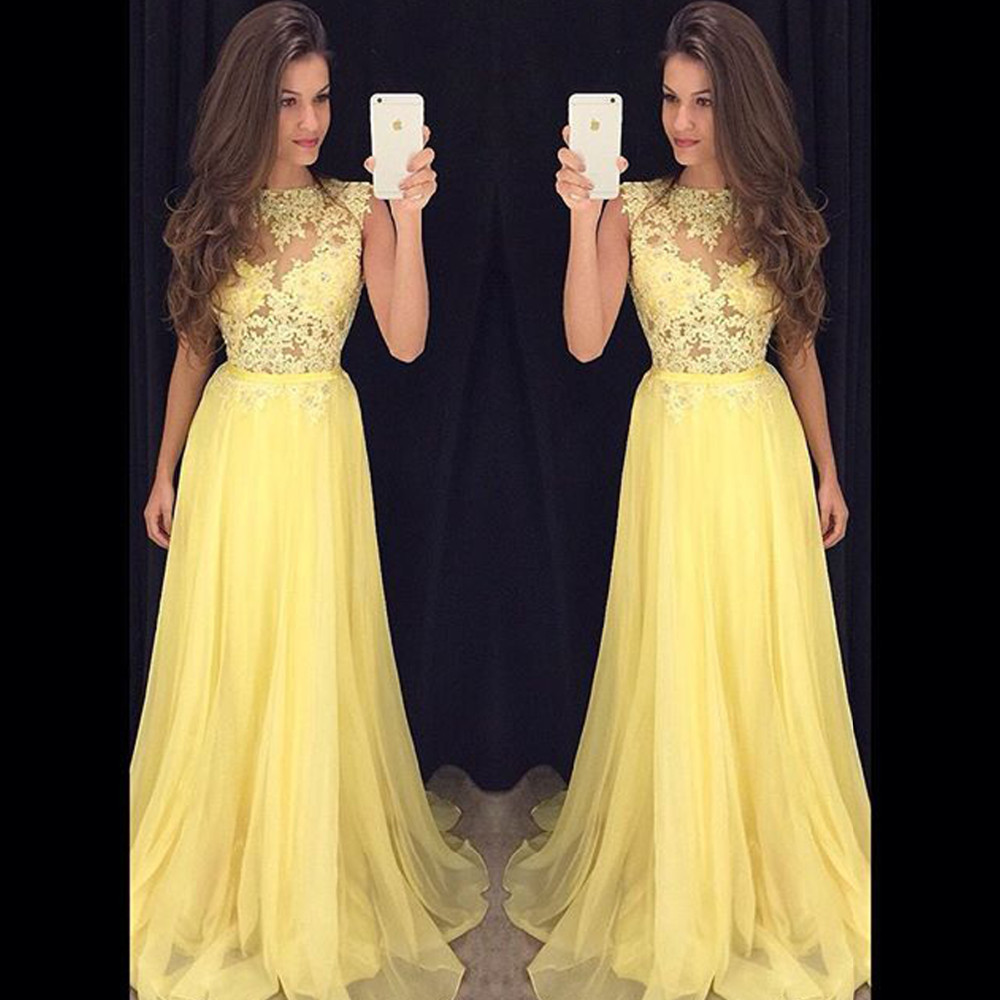 Sexy Women Lace Applique Formal Dresses Yellow Chiffon Evening Party Gowns With Sheer Neck