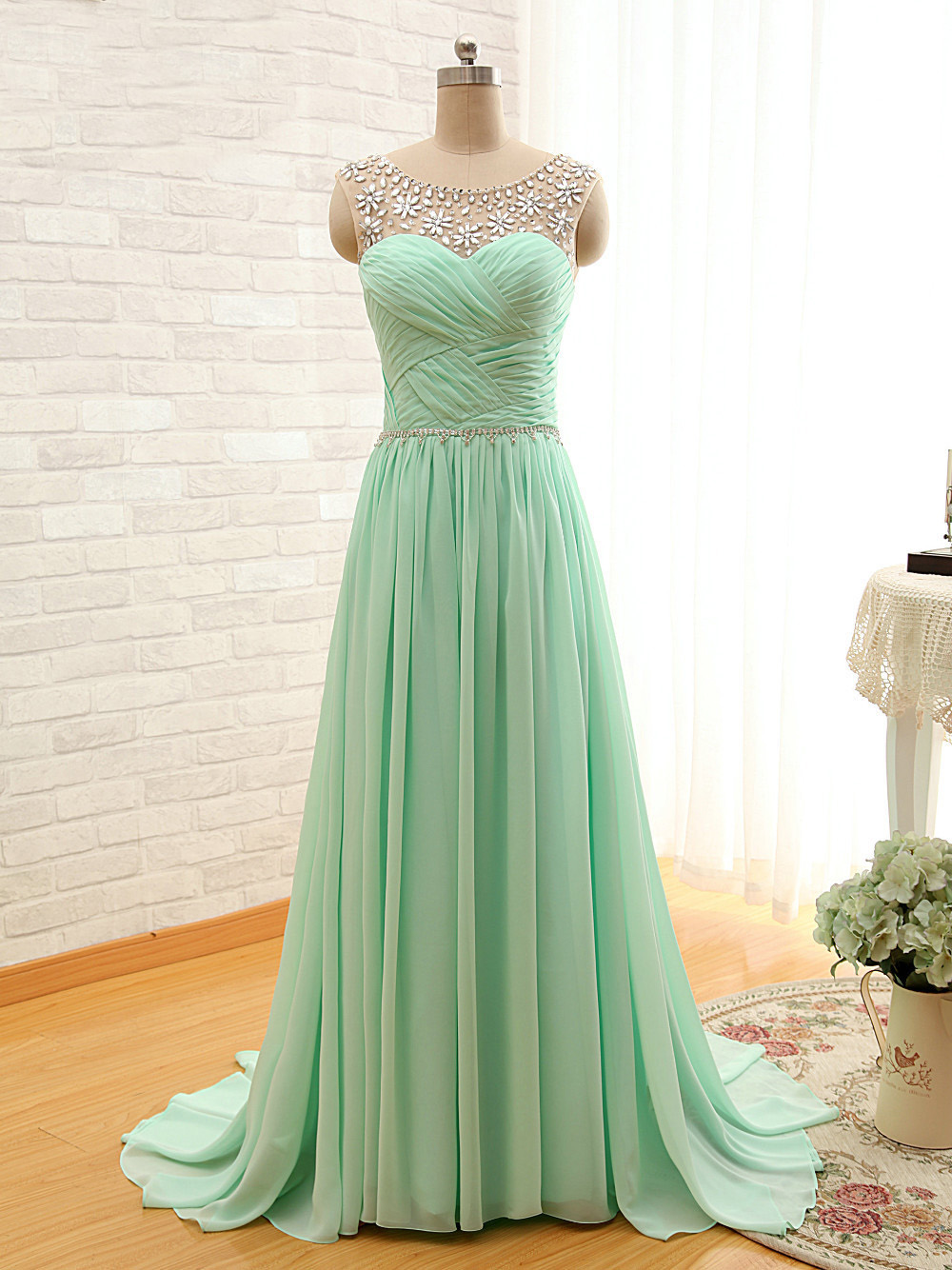 Elegant Sheer Neck Mint Green Bridesmaid Dresses, Beautiful Floor Length Bridesmaid Dresses, Wedding Party Dresses,formal Gowns,prom
