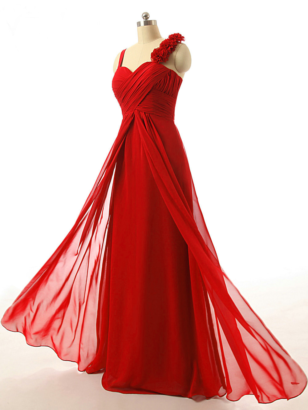 Red Spaghetti Strap Ruched Chiffon A-line Floor-length Prom Dress, Evening Dress, Bridesmaid Dress