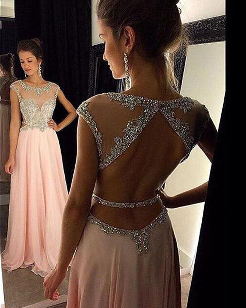 Sexy Women Strapless Beaded Formal Dresses Pink Chiffon Evening Party Gonws With Open Back