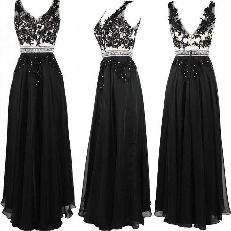 Black Long Chiffon A-line Prom Gown Featuring Lace Appliqués And Beaded Embellished Plunge V Bodice