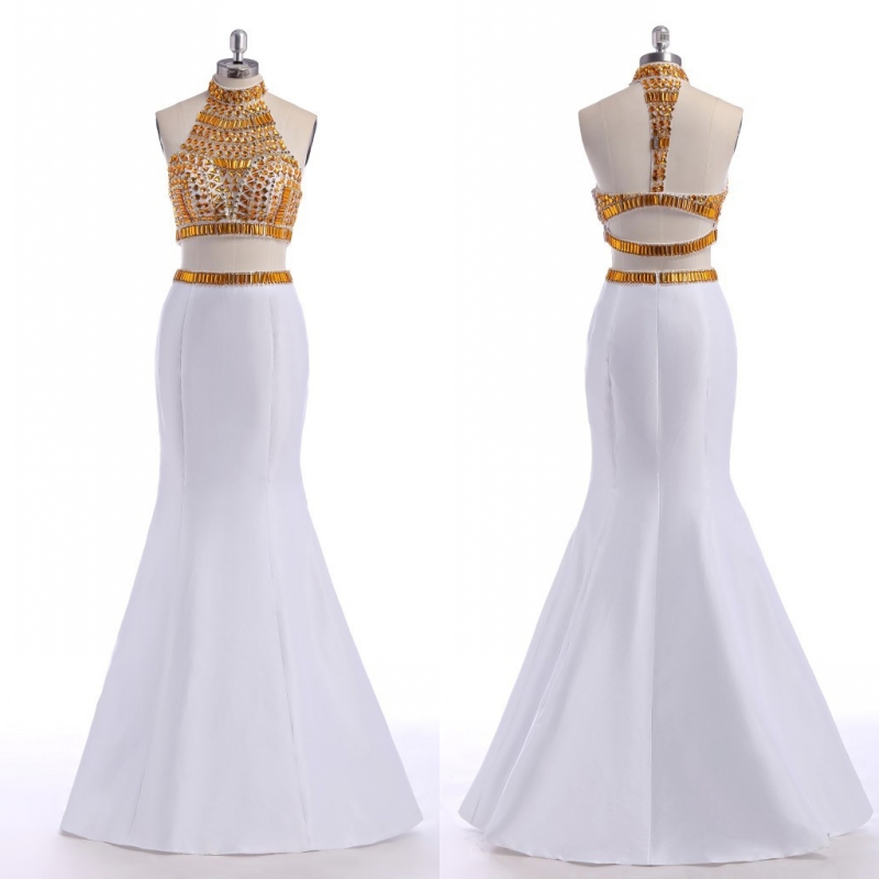 Vintage Satin Halter White Two Piece Prom Dresses Court Train Strapless Formal Gonws