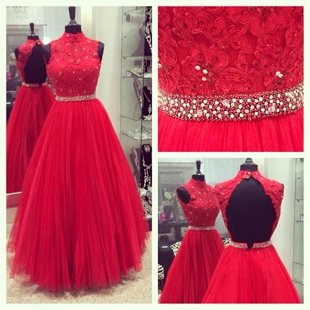 Red Halter Floor-length Tulle Backless Dress - Prom Dress, Bridesmaid Dress, Formal Dress