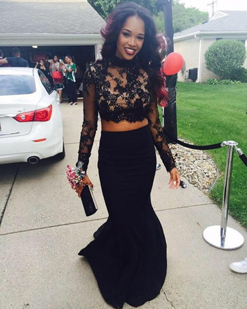 Sexy Satin High Neck Black Mermaid Prom Dresses Long Sleeve Court Train Two Piece Formal Gonws 