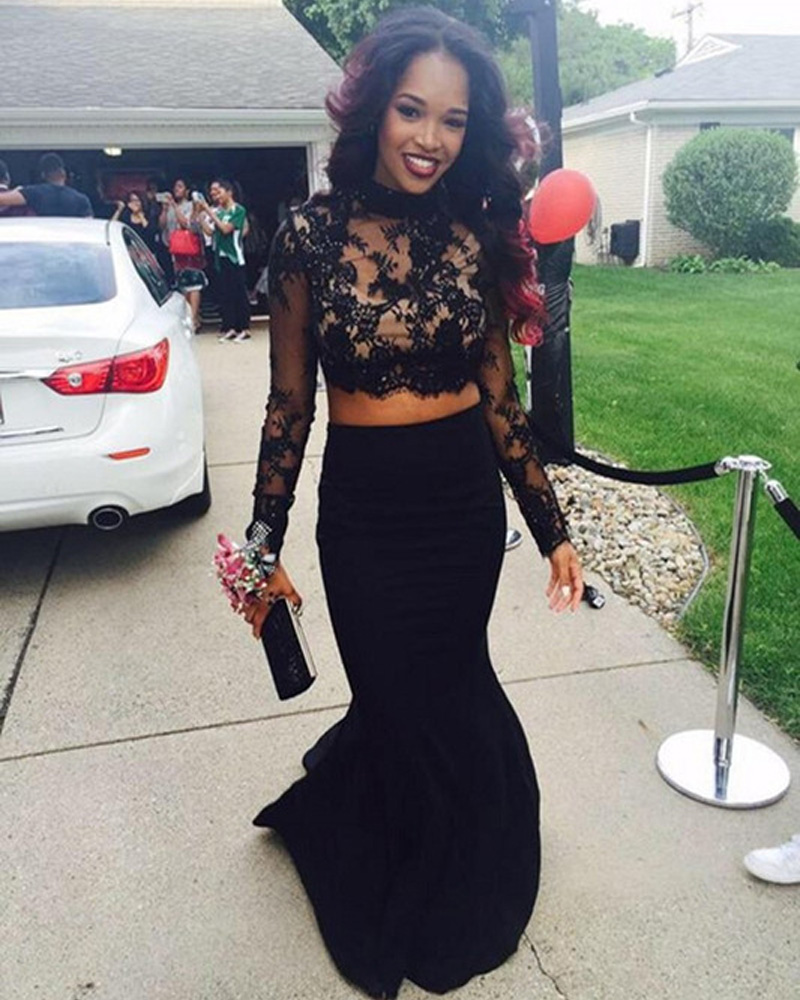 Sexy Satin High Neck Black Mermaid Prom Dresses Long Sleeve Court Train Two Piece Formal Gonws