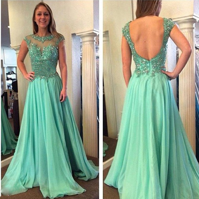 Sexy Chiffon Sheer Neck Light Green A Line Prom Dresses Backless Strapless Court Train Formal Gonws
