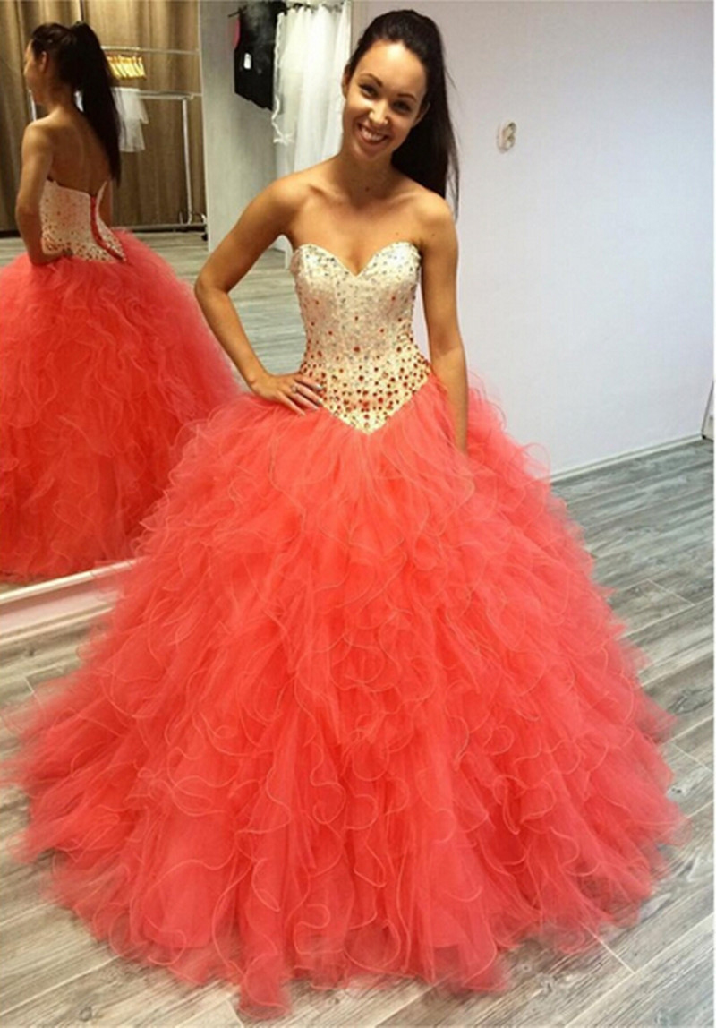 Coral Floor Length Ruffle Organza Quinceanera Gown Featuring Sweetheart Beaded Bodice