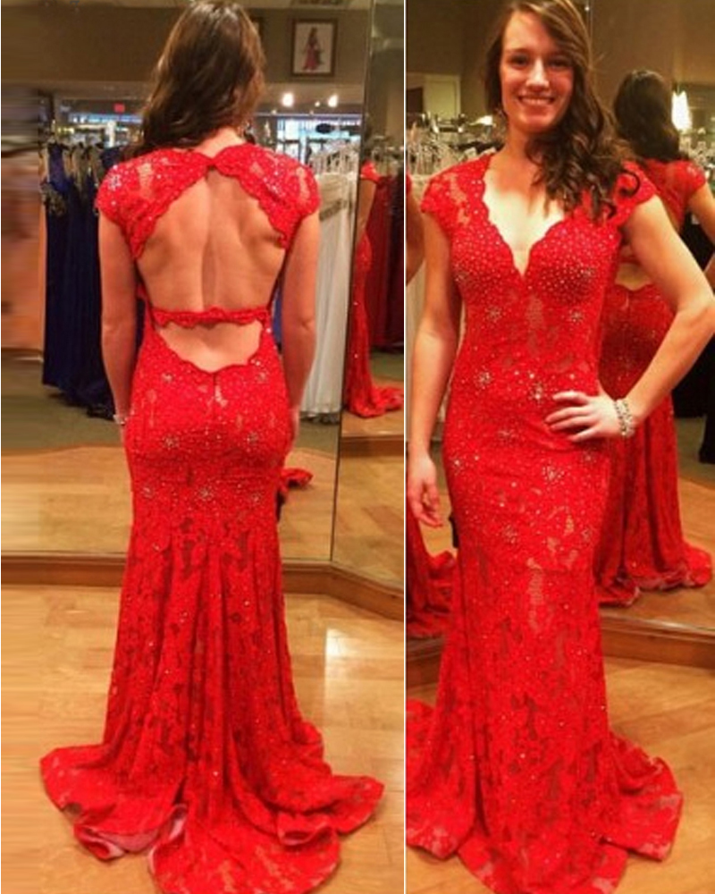 Sexy V Neckline Backless Lace Formal Dresses,long Elegant Red Mermaid Prom Dresses,