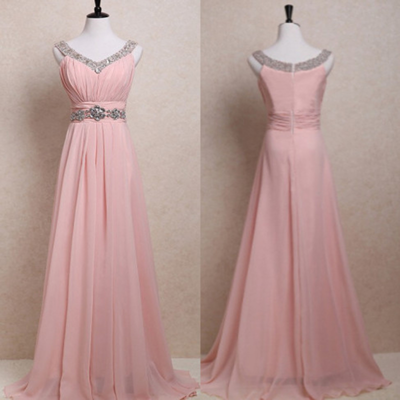 Sexy V Neck Beaded Chiffon Formal Dresses,long Elegant Pink A Line Prom Dresses,