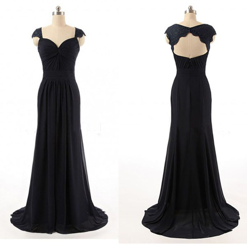 Black Cap-sleeved Chiffon Floor-length Dress with Ruched Sweetheart Bodice and Lace Appliqués