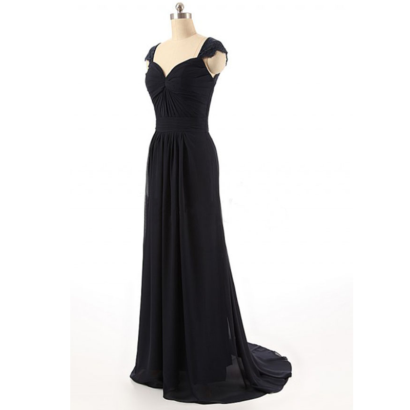 Black Cap-sleeved Chiffon Floor-length Dress With Ruched Sweetheart ...