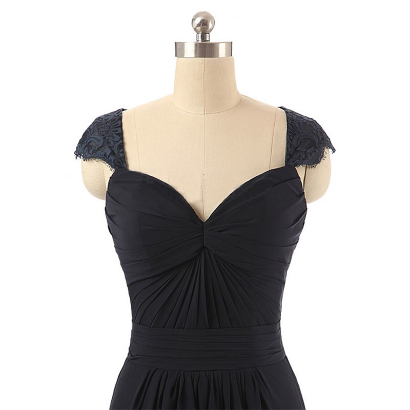 Black Capsleeved Chiffon Floorlength Dress With Ruched Sweetheart