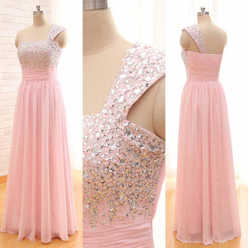 Sexy One Shoulder Beaded Chiffon Formal Dresses,long Elegant Pink Prom Dresses,