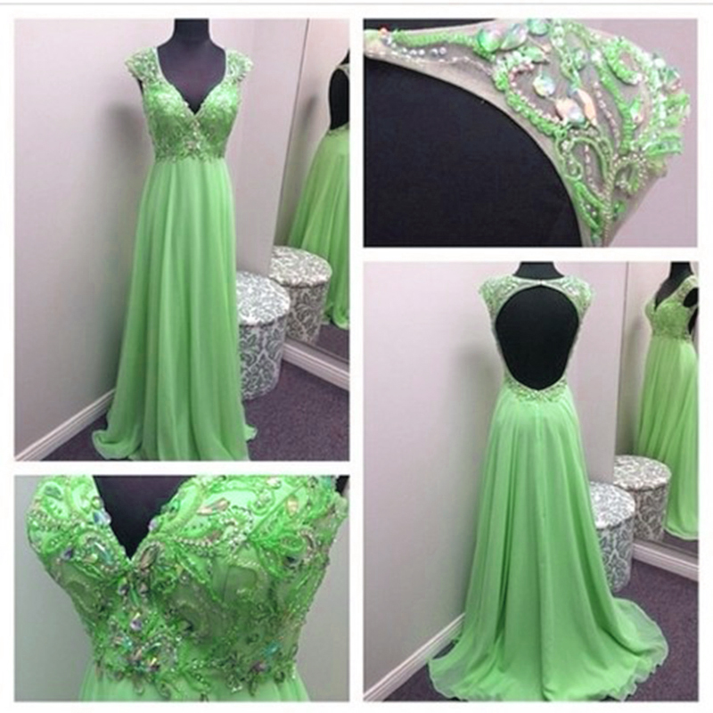 Sexy Women Beaded Formal Dresses Green Chiffon Evening Party Gonws With ...