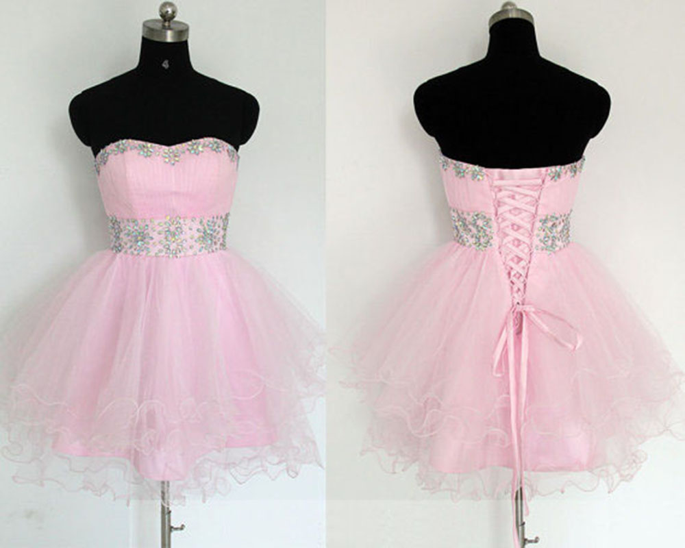 Sparkly Pink Homecoming Dresses,short Prom Dresses,sweetheart Neckline Backless Organza Crystal Mini Dresses