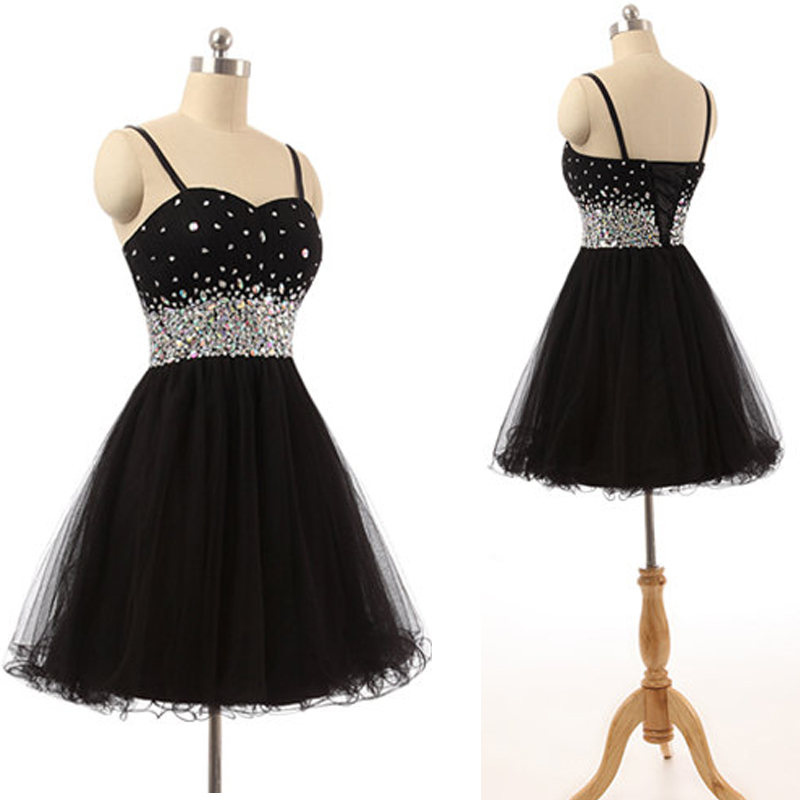 Sparkly Black Homecoming Dresses,short Prom Dresses,spaghetti Straps Tulle Crystal Mini Dresses