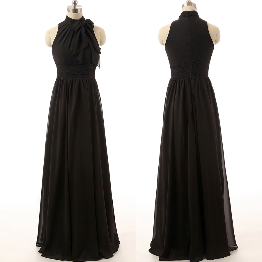 Black Floor Length Chiffon Prom Dresses Featuring High Neck Long Elegant Evening Formal Gowns