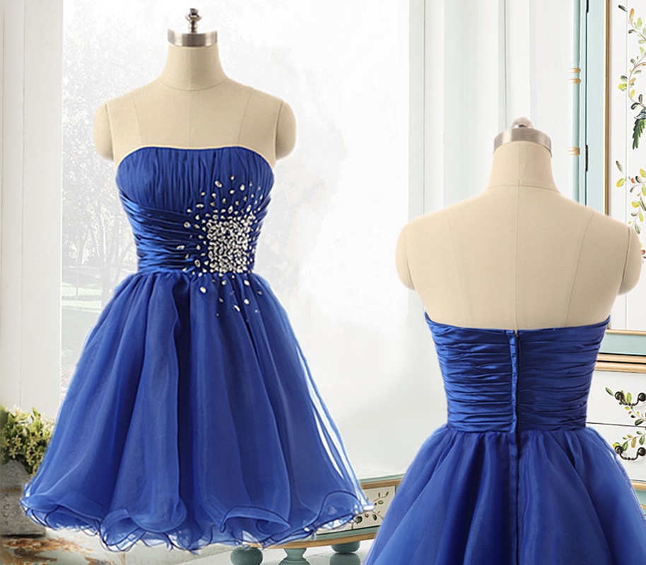 Royal Blue Short A-line Evening Dress Featuring Beaded Strapless Bodice And Zipper Back