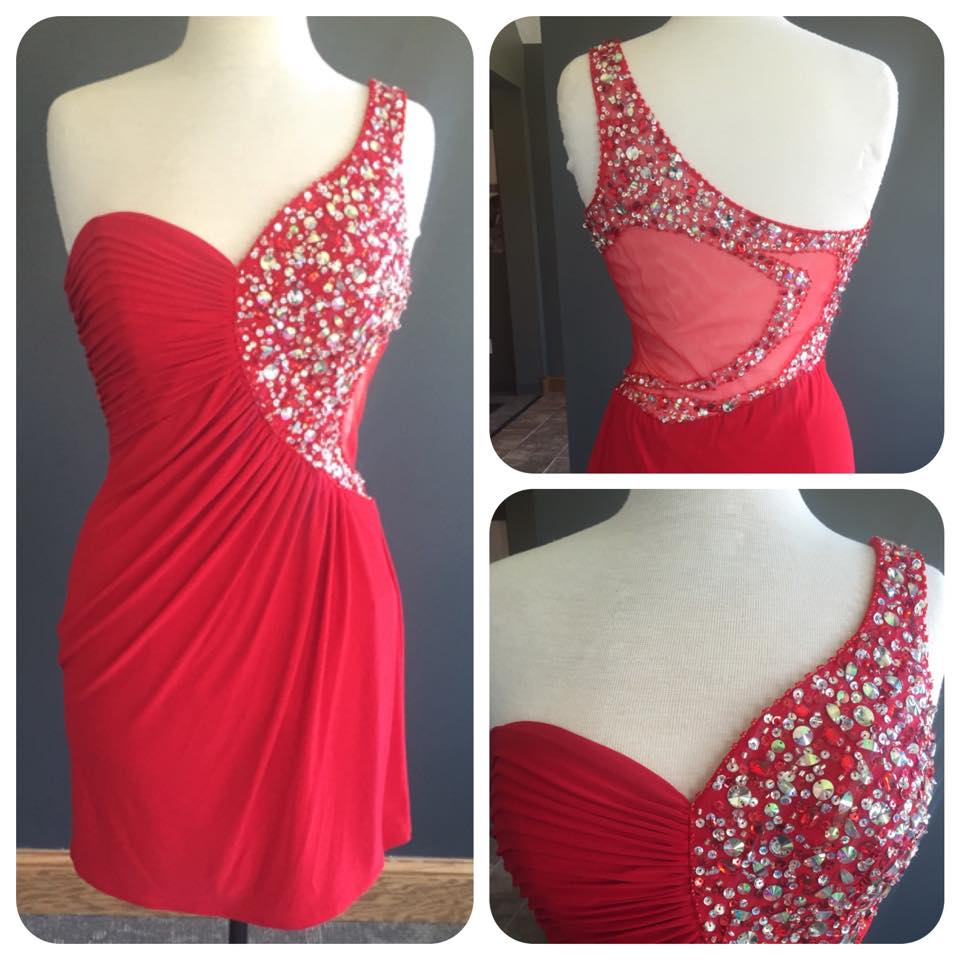 Red Short Sheath Evening Dress Featuring Beaded One Shoulder Bodice And illusion Back