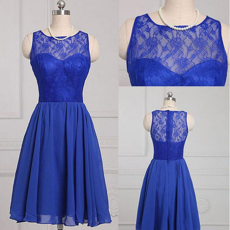 Royal Blue Short A-line Evening Dress Featuring Lace Strapless Bodice And Zipper Back