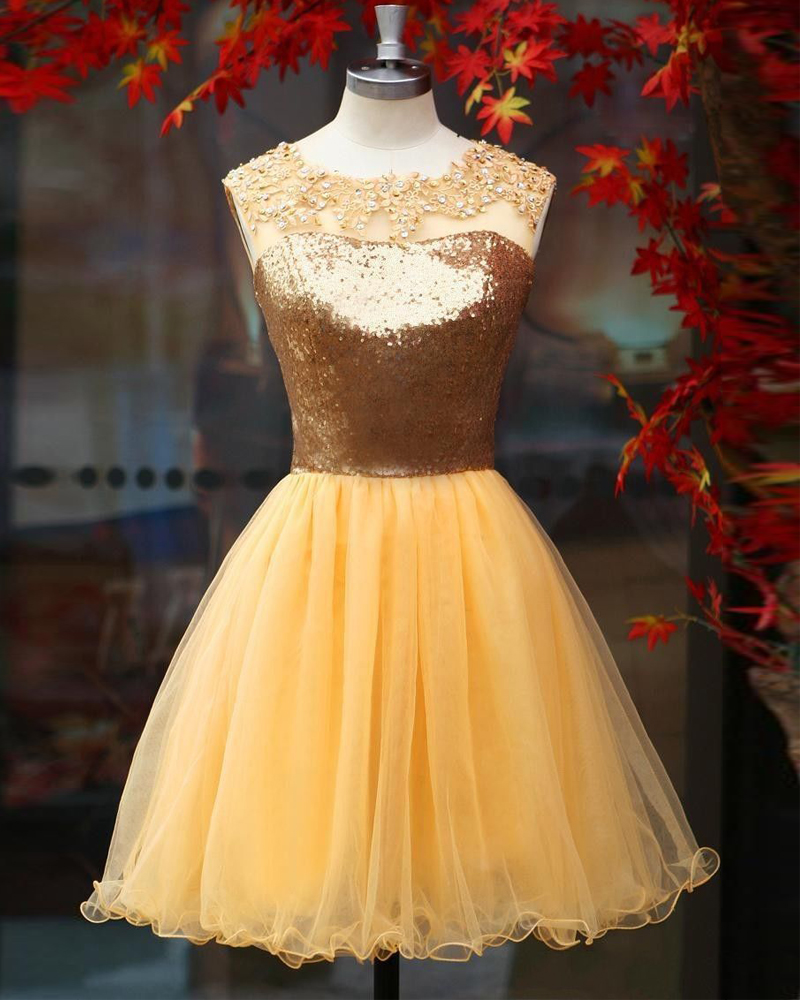 Sparkly Gold Homecoming Dresses,short Prom Dresses,sheer Neck Backless Organza Sequined Mini Dresses