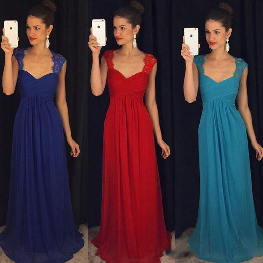 Sexy Women Spaghetti Straps Lace Bodice Formal Dresses Royal Blue Red Chiffon Evening Party Gonws With Zipper Back