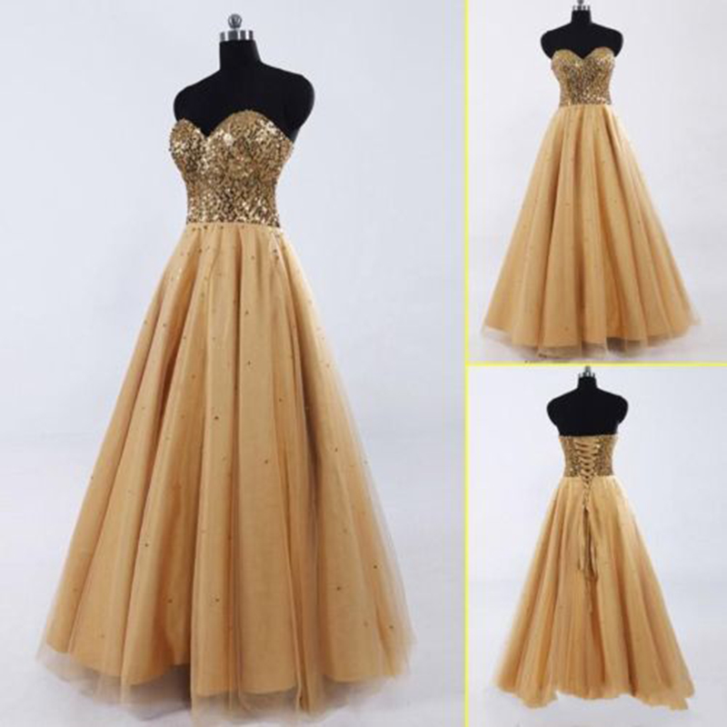 Sexy Women Strapless Sequined Bodice Formal Dresses Gold Tulle Evening Party Gonws With Zipper Back