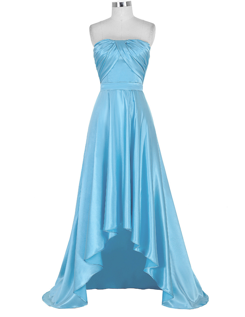 Sexy Women High Low Formal Dresses Light Blue Satin Evening Party Gonws With Ruched Bodice