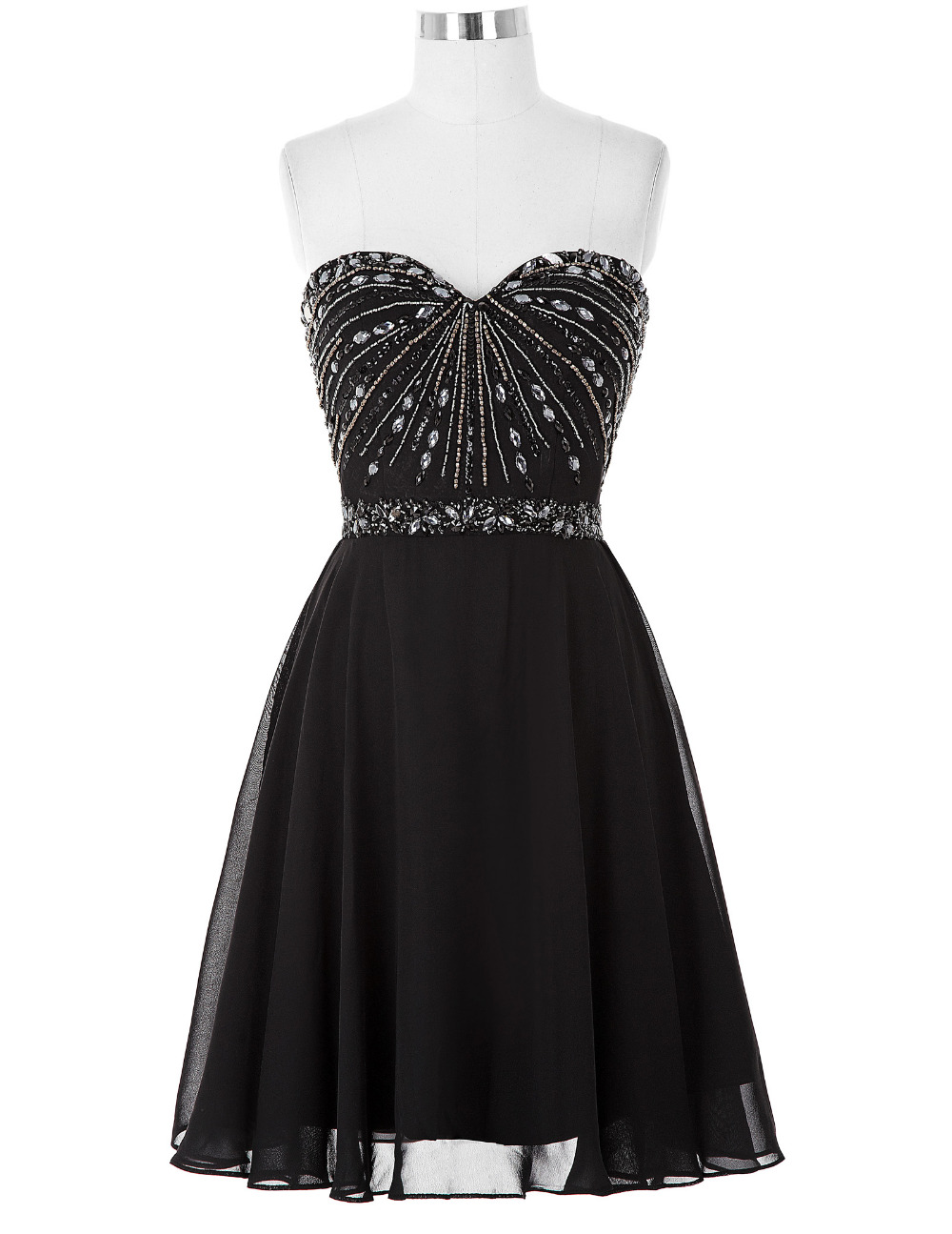 Black Beaded Embellished Sweetheart Short Chiffon Bridesmaid Dress