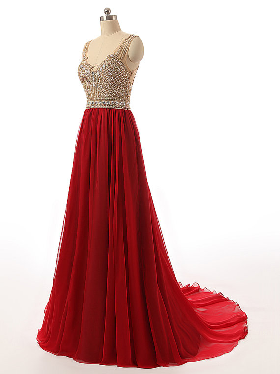 Burgundy Beaded Chiffon Mermaid Prom Dresses Featuring V Neck Neckline And Illusion Back- Long Elegant Evening Formal Gowns