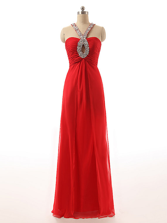 Red Long Keyhole Beaded Prom Dresses Featuring Cross Back And Zipper Back - Floor Length Elegant Evening Formal Gowns