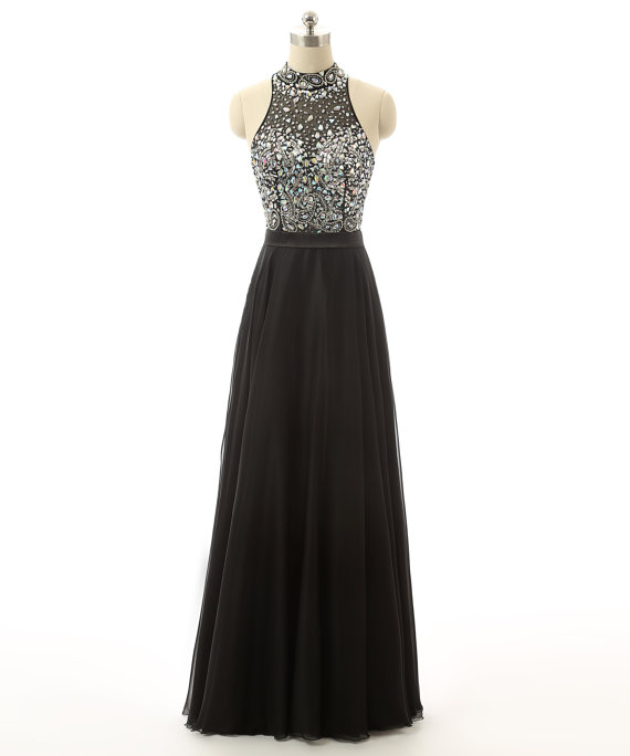 Black Halter Rhinestone Prom Dresses Featuring Beaded Bodice With Sheer Neck - Long Elegant Evening Formal Gowns