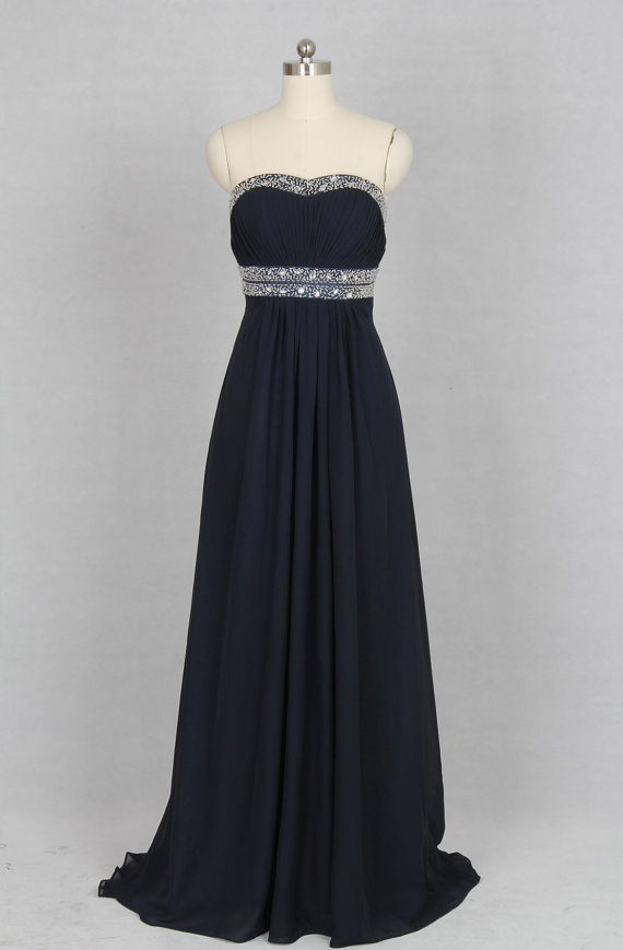 Navy Blue Chiffon Prom Dresses Featuring With Sweetheart Necklne And Beaded Waist - Long Elegant Evening Formal Gowns
