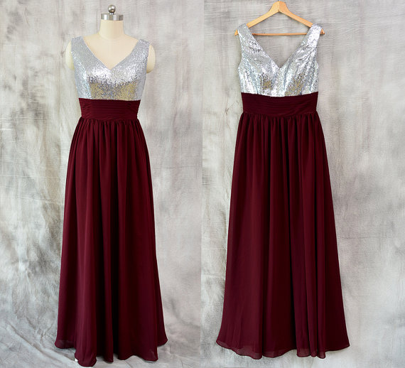 Sexy Burgundy Bridesmaid Dresses Featuring Sequined Bodice With V Neck Long Strapless Chiffon Evening Gowns