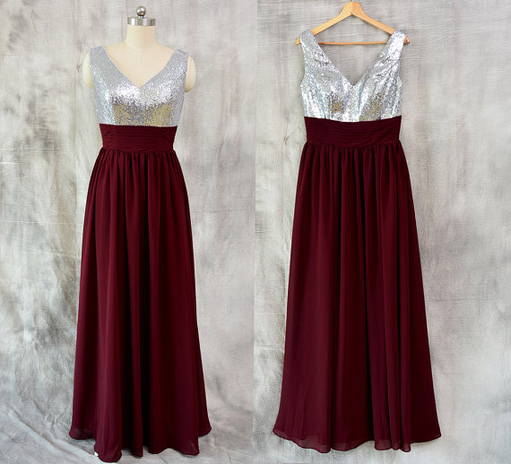 cream and black bridesmaid dresses Affordable V-Neck Ruffle Long Burgundy Bridesmaid Dresses With Short-S –  Newinlook main image 1