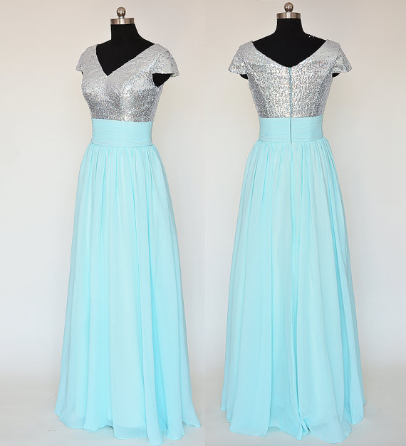 Cap Sleeve Blue Bridesmaid Dresses Featuring Sequined Bodice With V Neck Long Strapless Chiffon Formal Prom Dress Evening Gowns